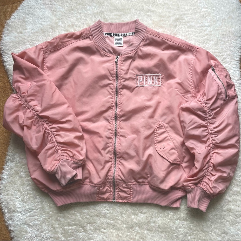 PINK Victoria’s Secret baby pink nylon ruched pocket oversized bomber jacket